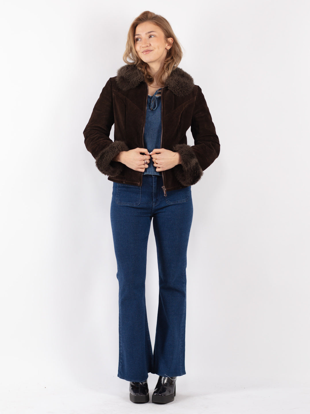 Vintage 70's Women Suede Sherpa Jacket in Brown