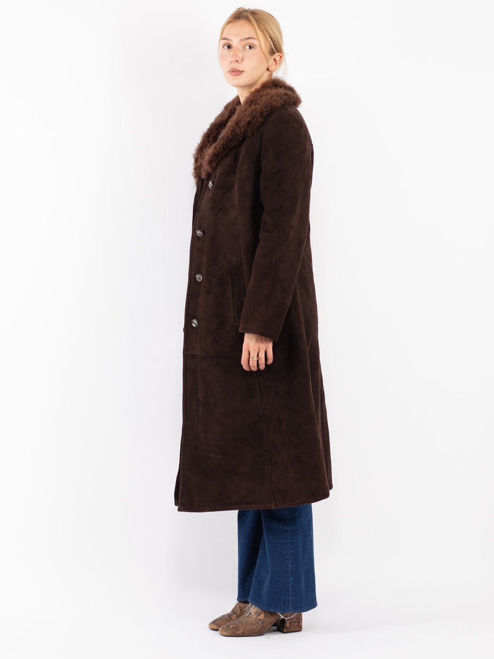 Vintage 70's Women Sheepskin Shearling Coat in Brown