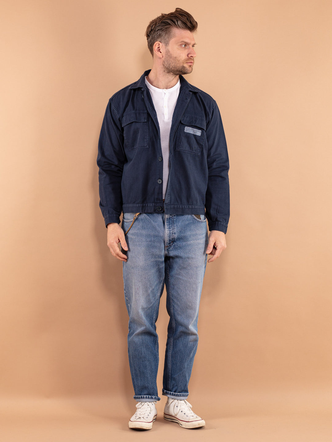 80s Cropped Work Jacket, Size L Mechanic Jacket, Vintage Workwear, Garage Jacket, Vintage Blue Collar Chore Jacket, Industrial Utility Wear