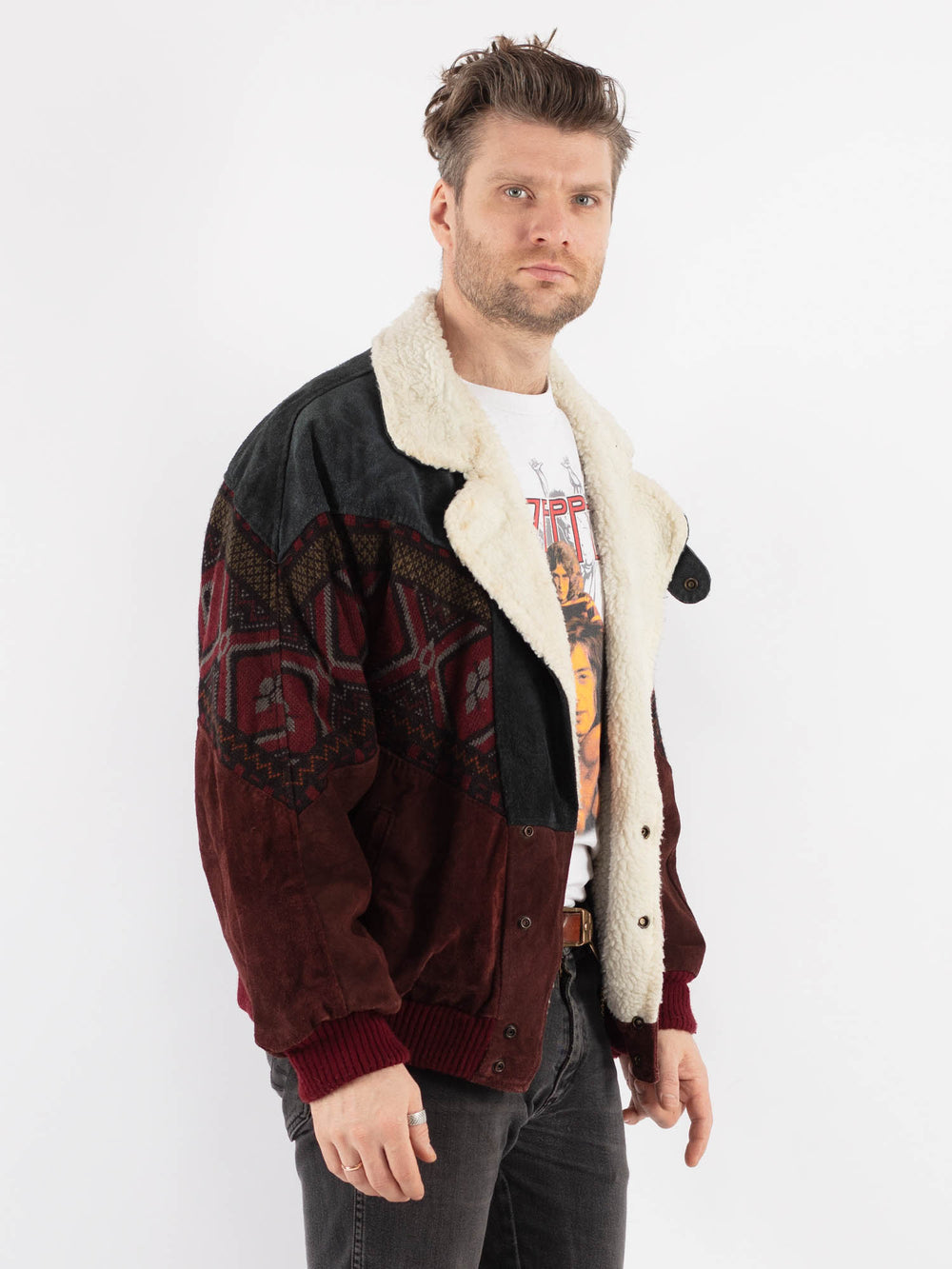 Vintage 80's Men Aztec Suede Bomber Jacket in Multi - NorthernGrip