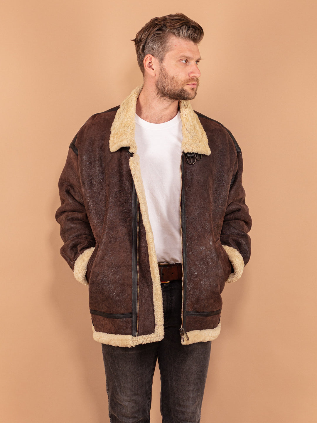 Vintage 80's Men B-3 Style Sheepskin Bomber Jacket in Brown