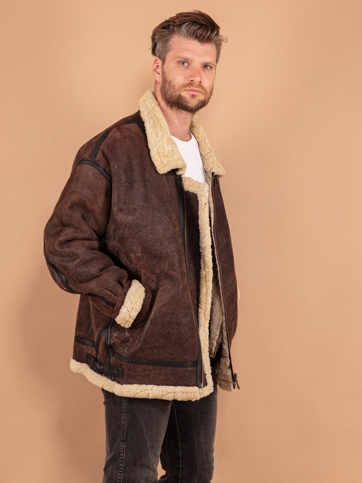Vintage 80's Men B-3 Style Sheepskin Bomber Jacket in Brown