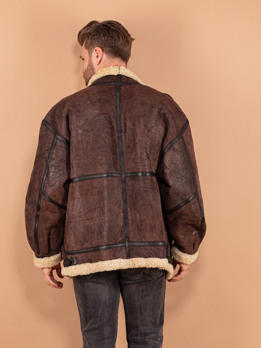 Vintage 80's Men B-3 Style Sheepskin Bomber Jacket in Brown