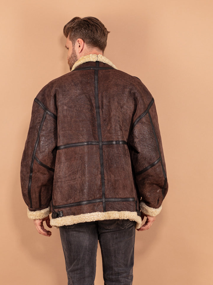 Vintage 80's Men B-3 Style Sheepskin Bomber Jacket in Brown