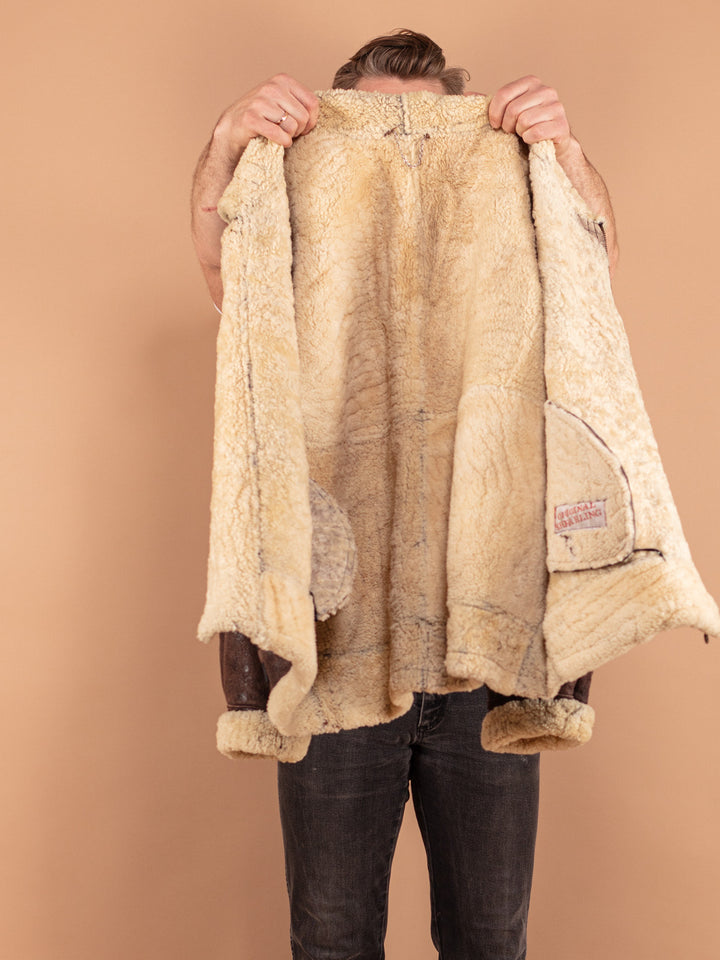 Vintage 80's Men B-3 Style Sheepskin Bomber Jacket in Brown