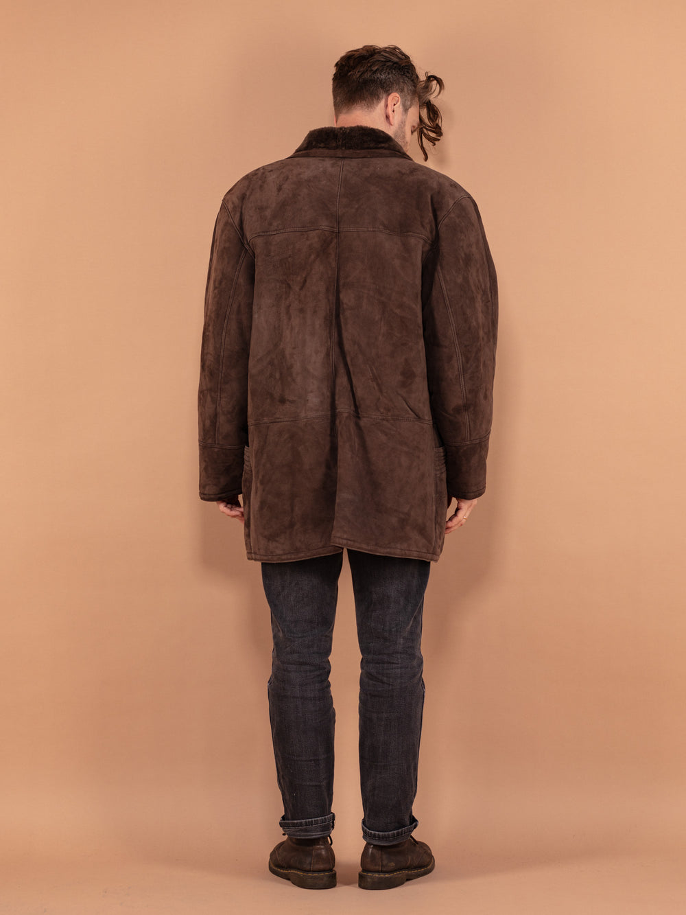 Vintage 80's Men Sheepskin Suede Coat in Brown - NorthernGrip