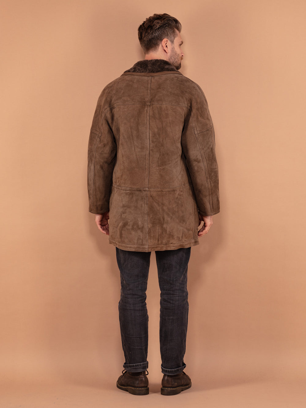 Vintage 80's Men Sheepskin Suede Coat in Brown - NorthernGrip