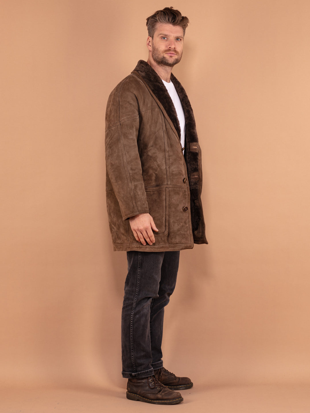 Men's Sheepskin Coat, Size Medium M Shearling Coat, 80's Vintage Coat, Winter Clothing, Brown Suede Coat, Vintage Overcoat, Made in Spain