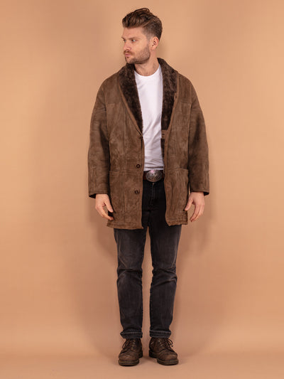 Men's Sheepskin Coat, Size Medium M Shearling Coat, 80's Vintage Coat, Winter Clothing, Brown Suede Coat, Vintage Overcoat, Made in Spain