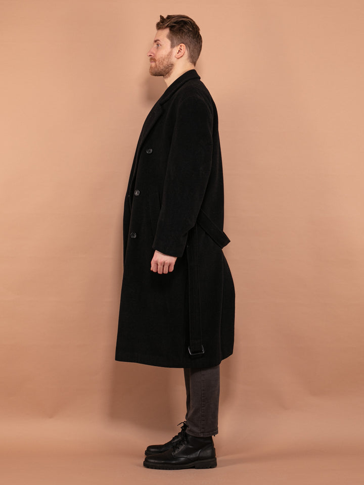 Belted Wool Coat 80s, Size L Large, Vintage Wool and Cashmere Coat, Men Wool Topcoat, Long Minimalist Coat, Classic Outerwear, Preppy Coat