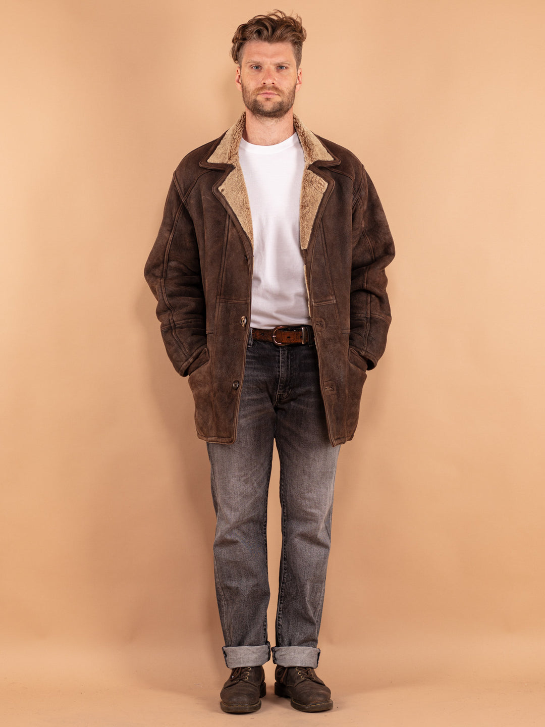 Vintage 80's Men Faded Sheepskin Coat in Brown