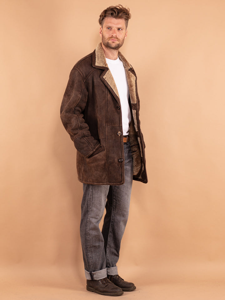 Vintage 80's Men Faded Sheepskin Coat in Brown