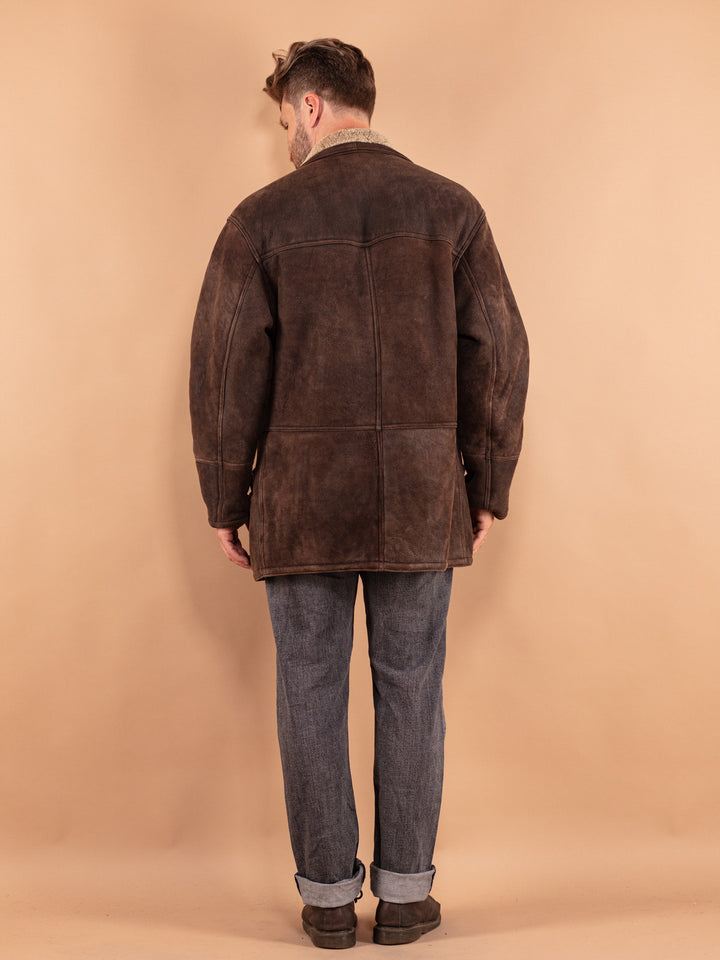 Vintage 80's Men Faded Sheepskin Coat in Brown