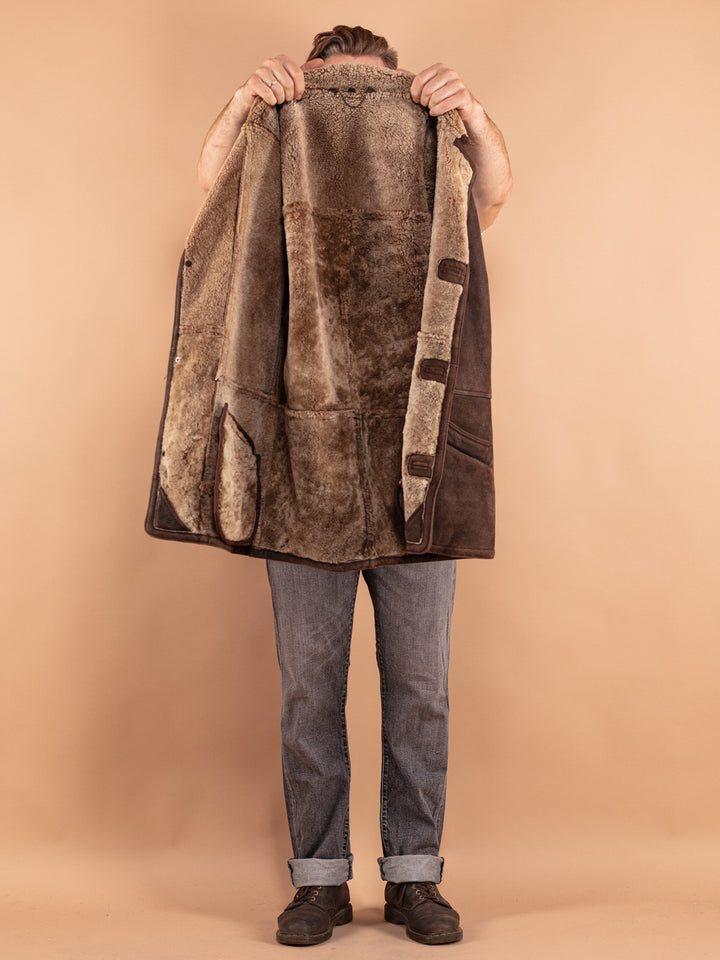Vintage 80's Men Faded Sheepskin Coat in Brown