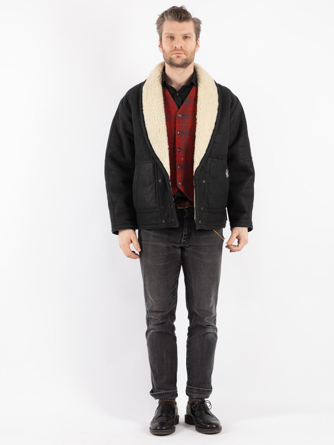 Vintage 80's Men Faux Sheepskin Jacket in Black