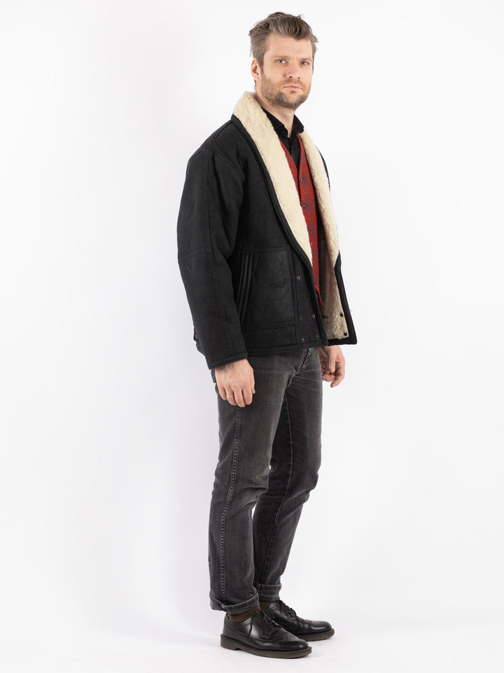 Vintage 80's Men Faux Sheepskin Jacket in Black