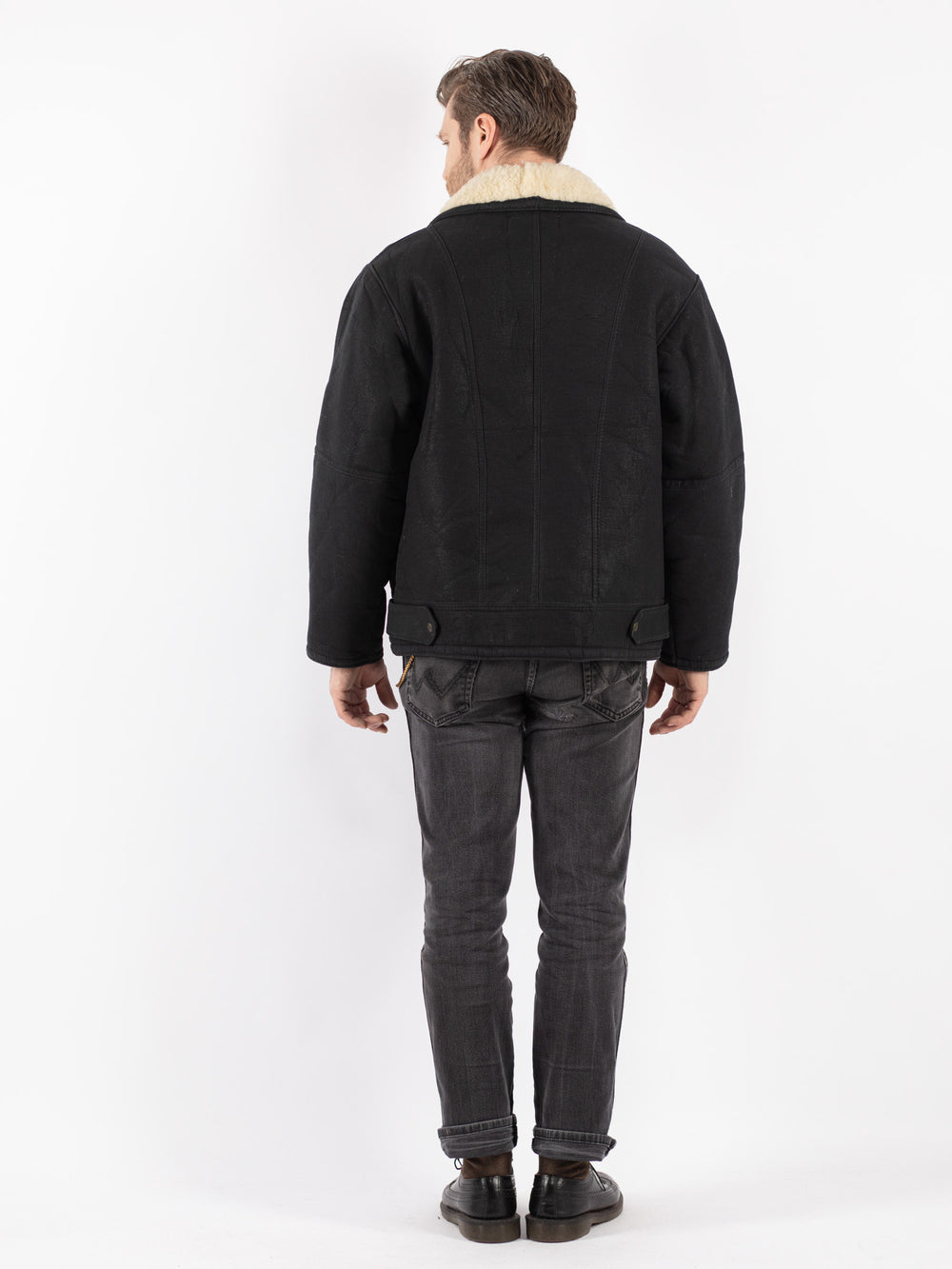 Vintage 80's Men Faux Sheepskin Jacket in Black