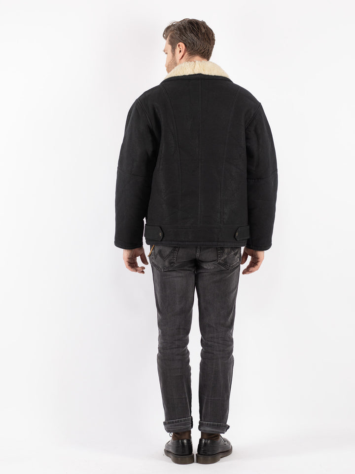 Vintage 80's Men Faux Sheepskin Jacket in Black