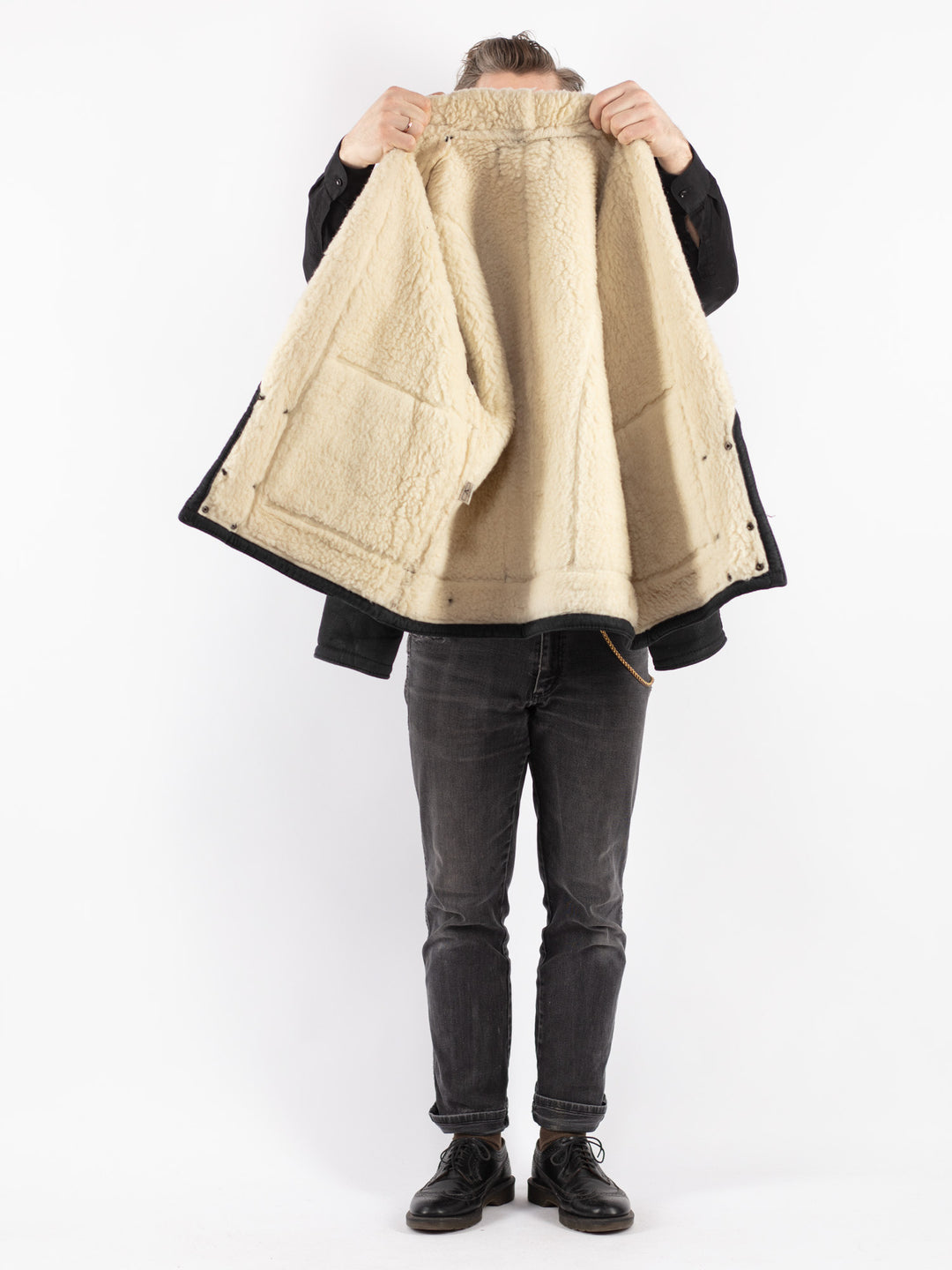 Vintage 80's Men Faux Sheepskin Jacket in Black