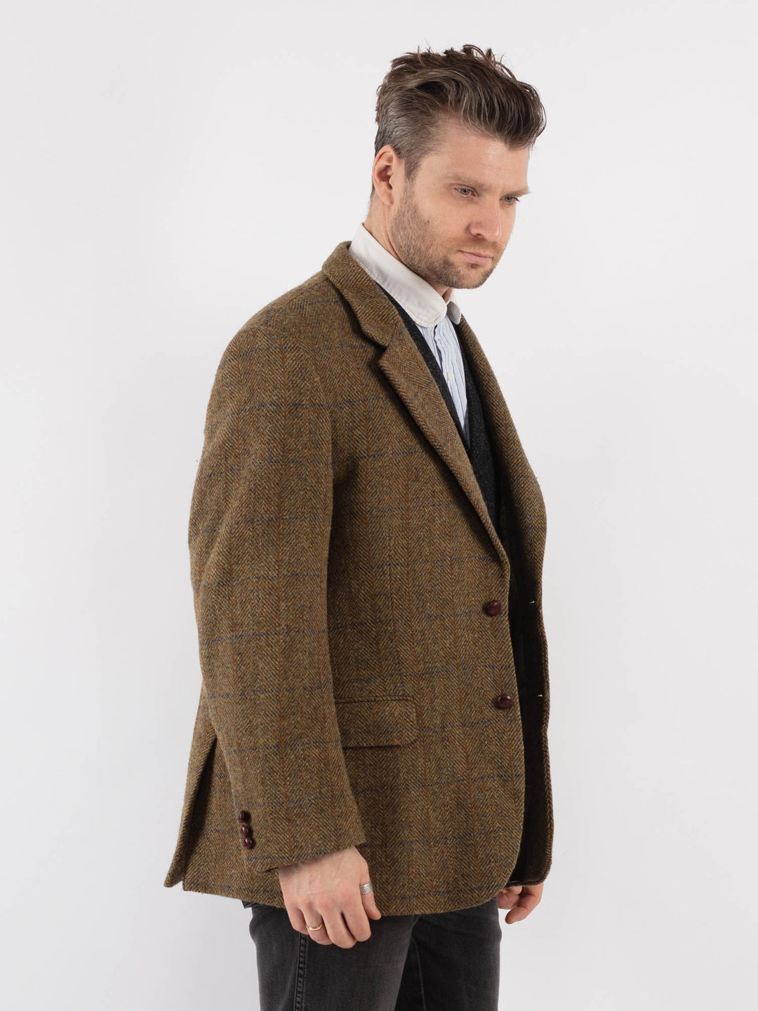 Vintage 80's Men Harris Tweed Jacket in Olive Green - NorthernGrip