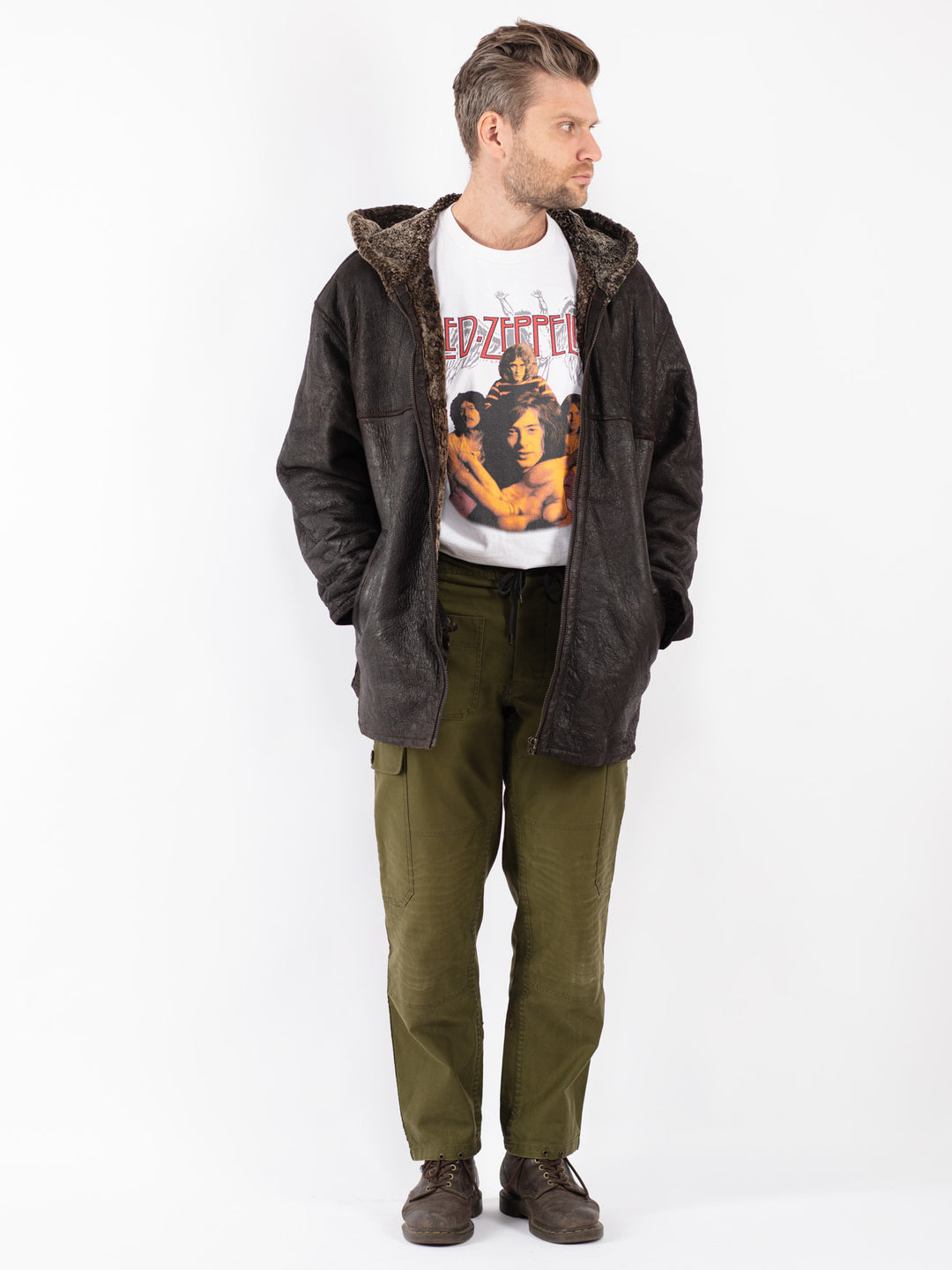 Vintage Men Sheepskin Shearling Coat in Brown