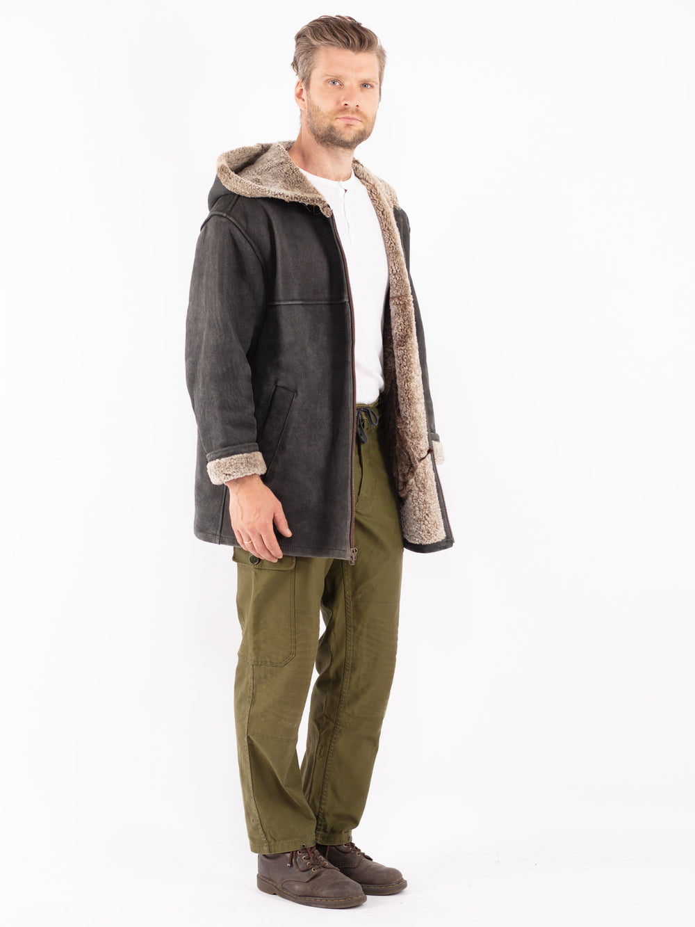 Vintage 80's Men Sheepskin Coat in Black