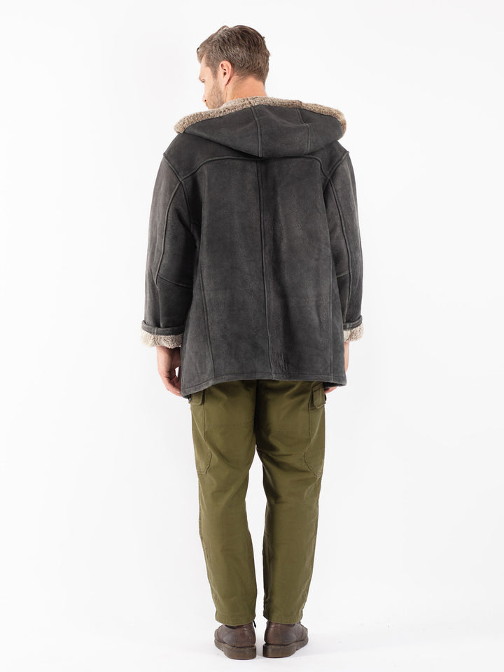 Vintage 80's Men Sheepskin Coat in Black