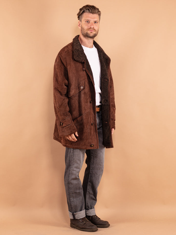 Vintage 80's Men Oversized Sheepskin Coat in Brown