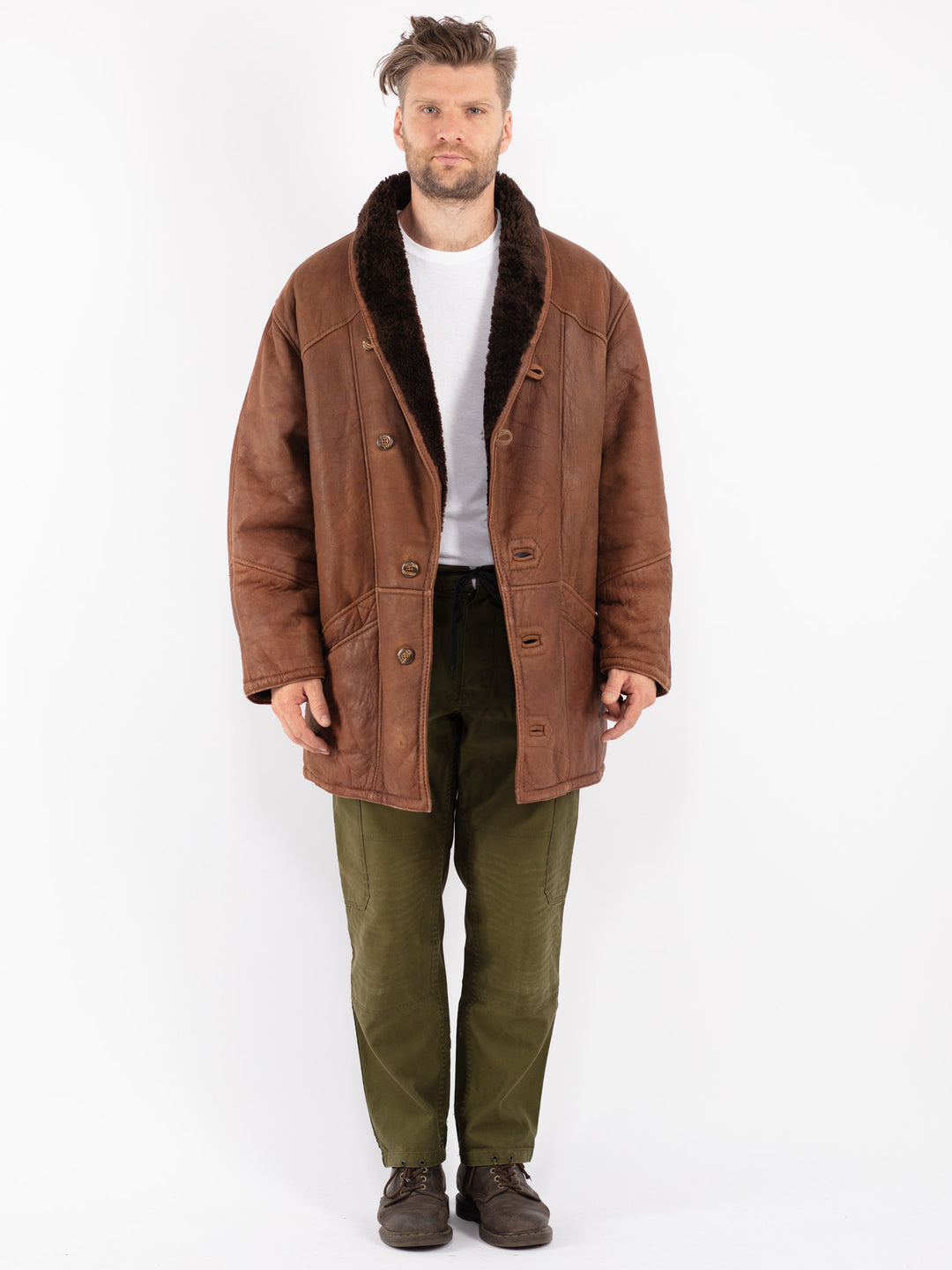 Vintage 80's Men Sheepskin Coat in Brown