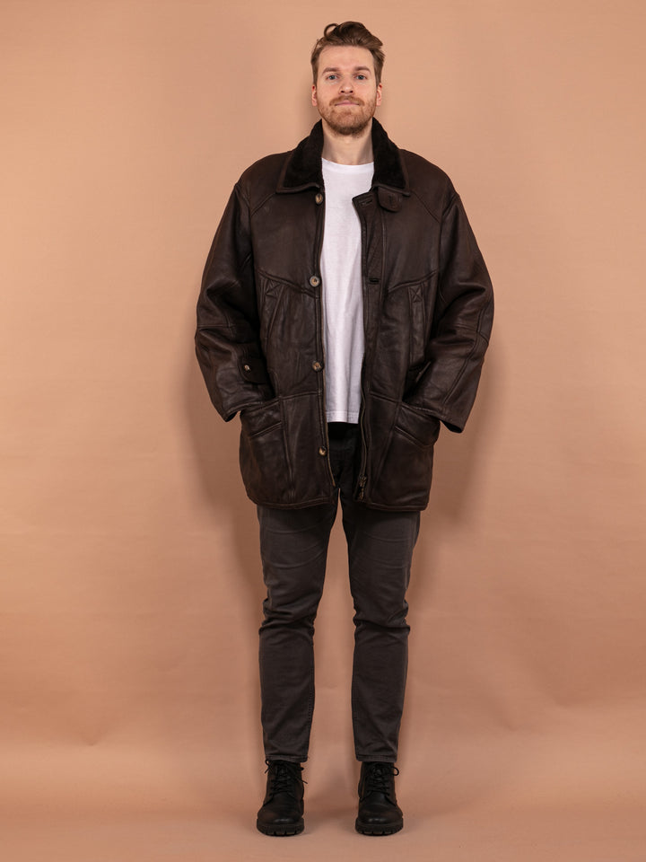 Vintage 80's Men Oversized Sheepskin Coat in Brown