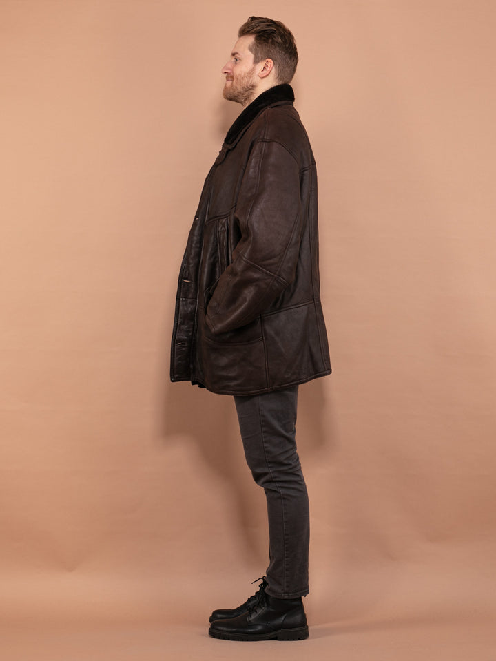 Vintage 80's Men Oversized Sheepskin Coat in Brown