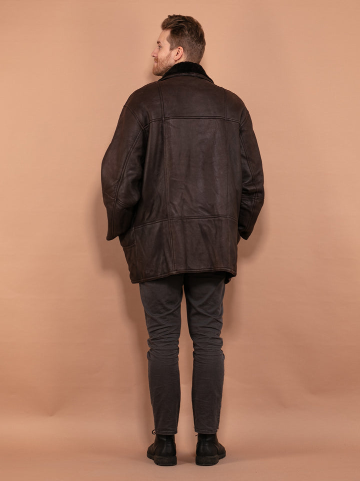 Vintage 80's Men Oversized Sheepskin Coat in Brown