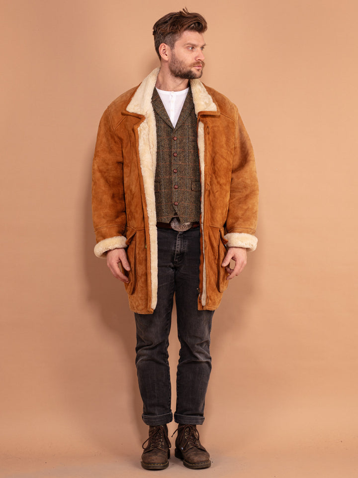 Vintage 80's Men Oversized Sheepskin Coat in Brown