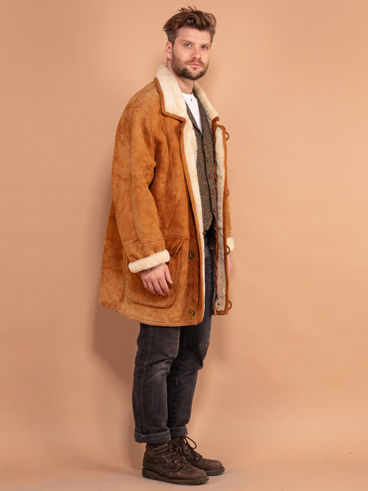 Vintage 80's Men Oversized Sheepskin Coat in Brown