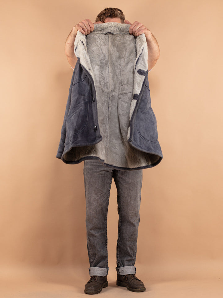 Vintage 80's Men Oversized Sheepskin Coat in Gray
