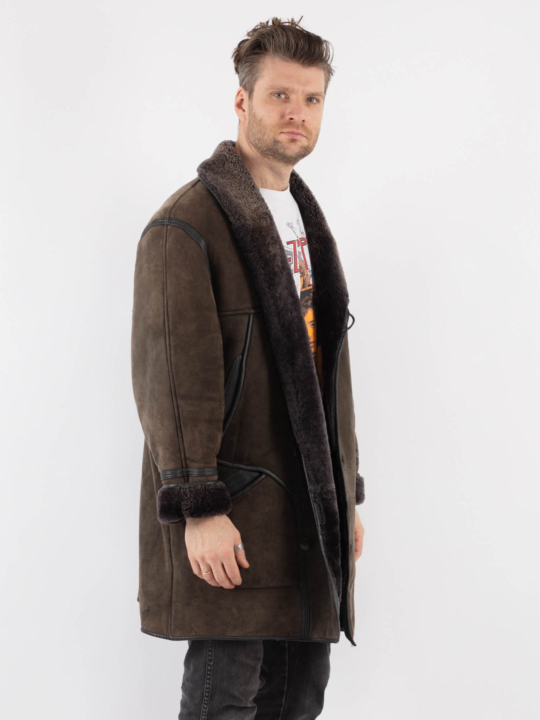 Vintage 80's Men Sheepskin Coat in Gray - NorthernGrip