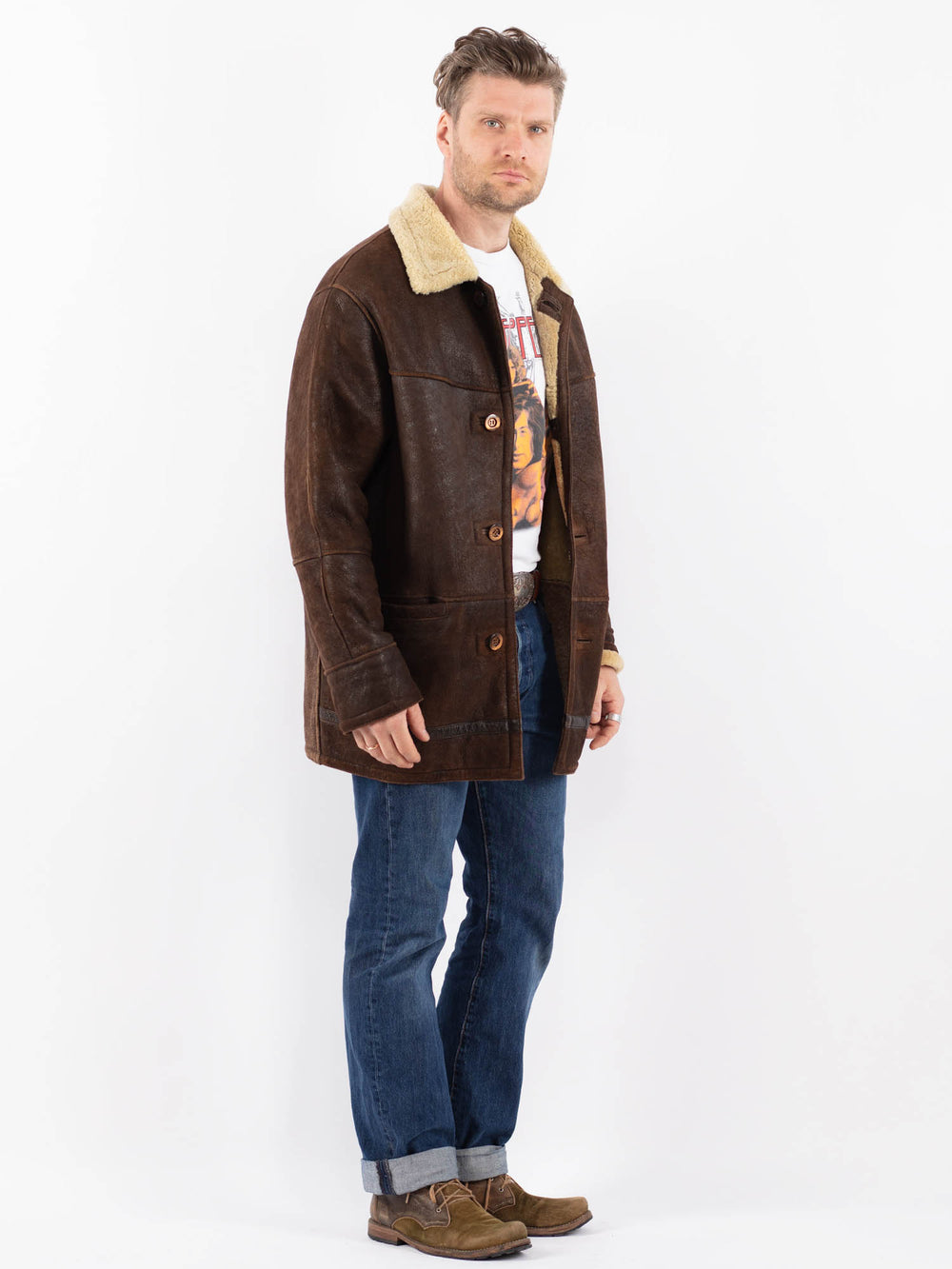 Vintage 80's Men Sheepskin Shearling in BrownZ1511