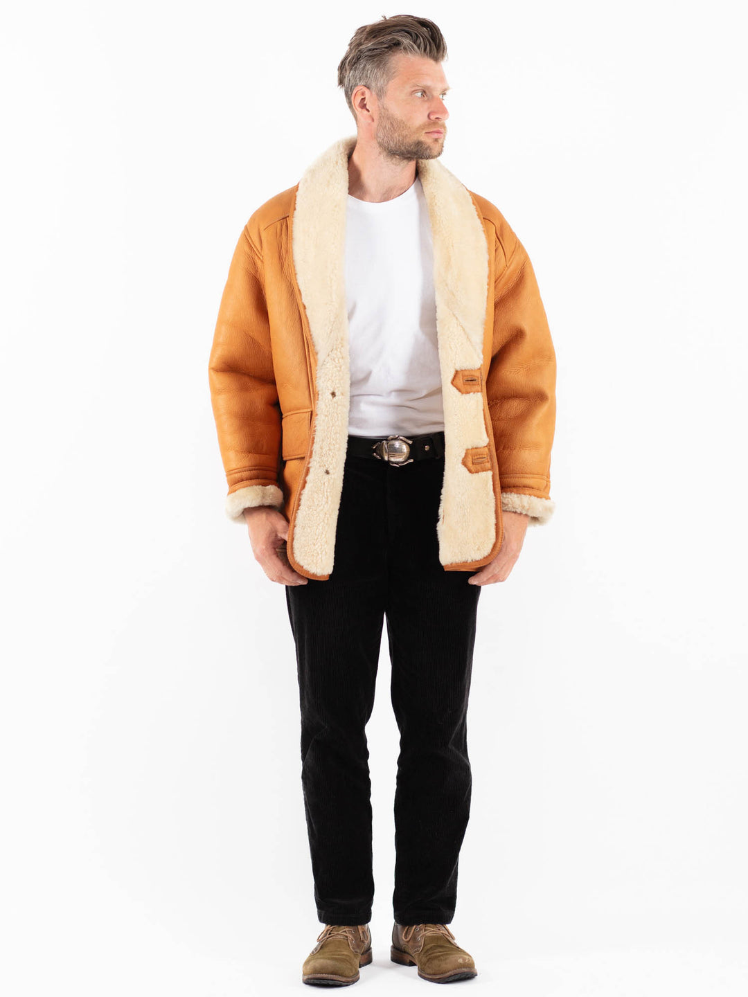 Vintage 80's Men Sheepskin Shearling Coat in BrownZ1810