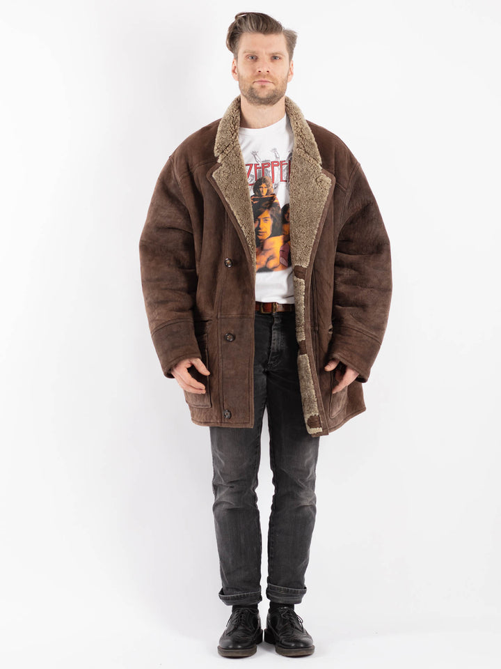 Vintage 80's Men Sheepskin Shearling Coat in Brown