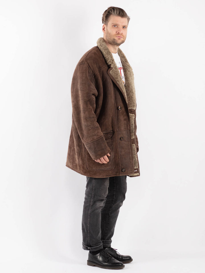 Vintage 80's Men Sheepskin Shearling Coat in Brown
