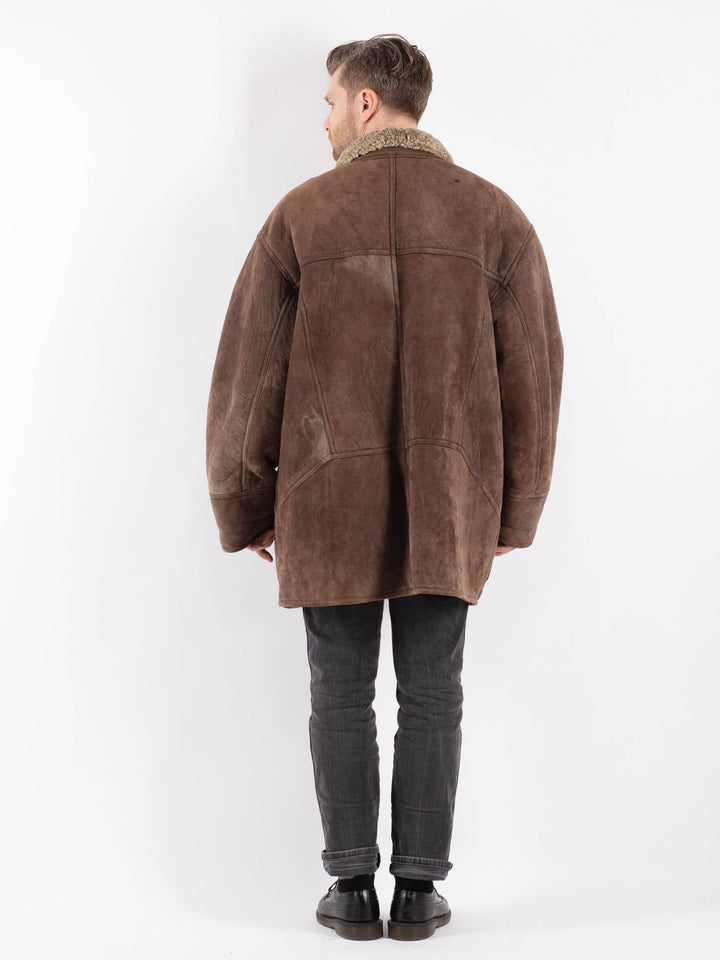 Vintage 80's Men Sheepskin Shearling Coat in Brown