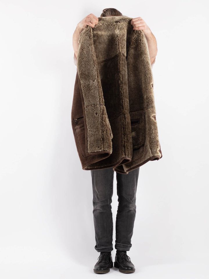 Vintage 80's Men Sheepskin Shearling Coat in Brown