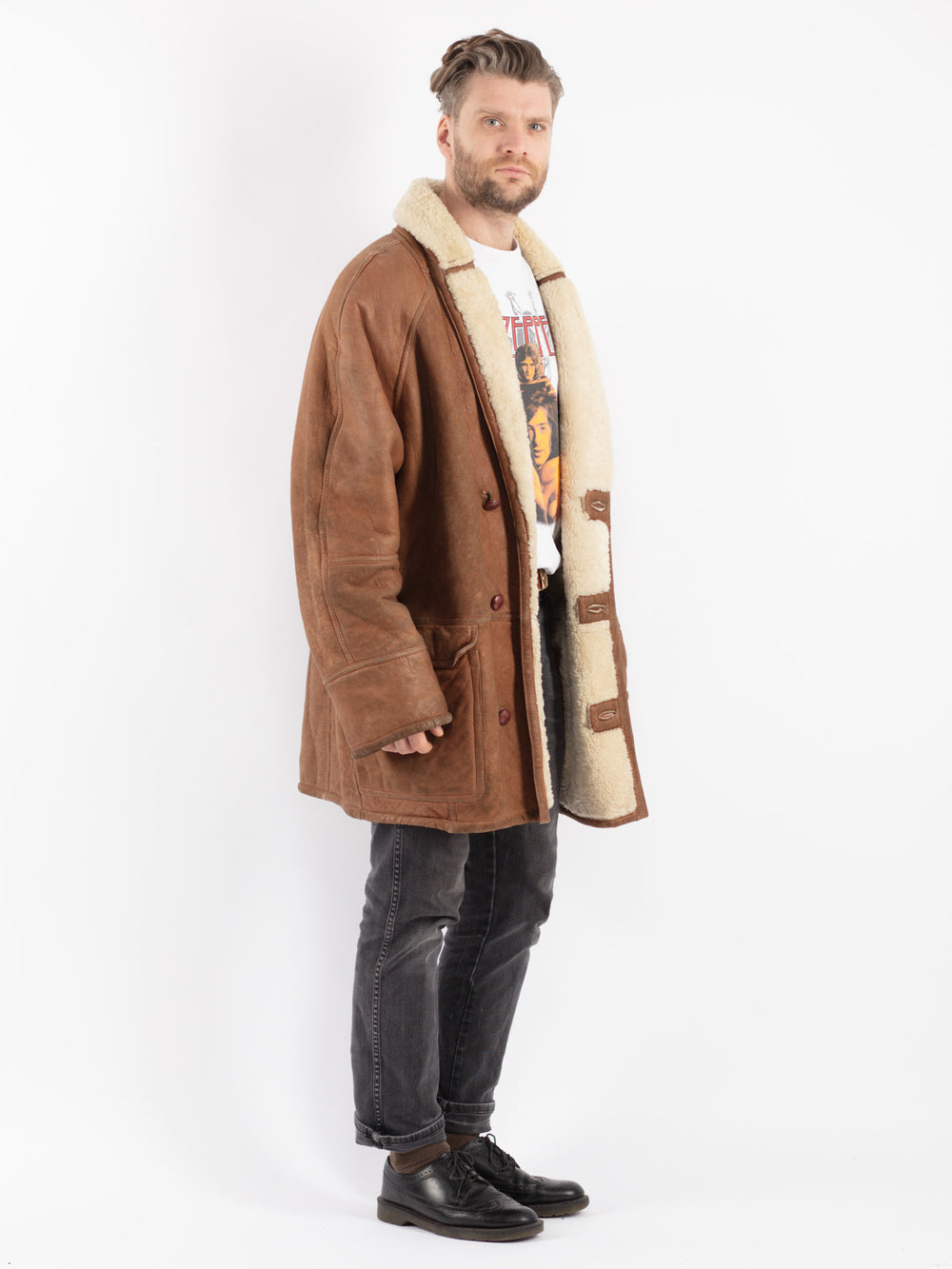 Vintage 80's Men Sheepskin Coat in Brown