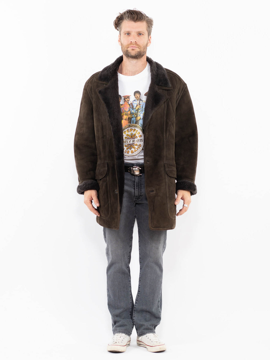 Vintage 80's Men Sheepskin Shearling Coat in BrownZ1921