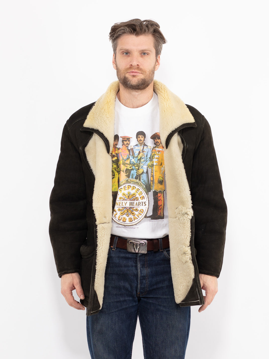 Vintage 80's Men Sheepskin Coat in BlackZ2655