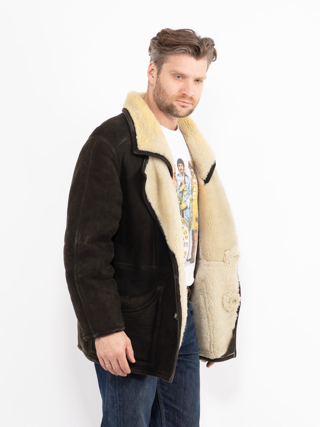 Vintage 80's Men Sheepskin Coat in BlackZ2655