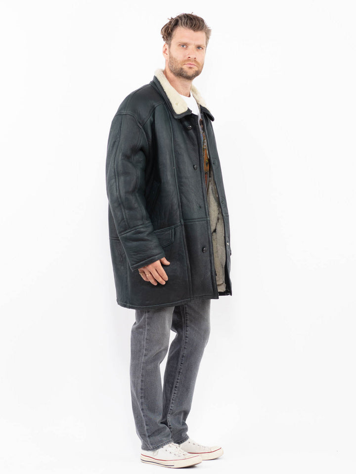 Vintage 80's Men Sheepskin Shearling Coat in GrayZ1925