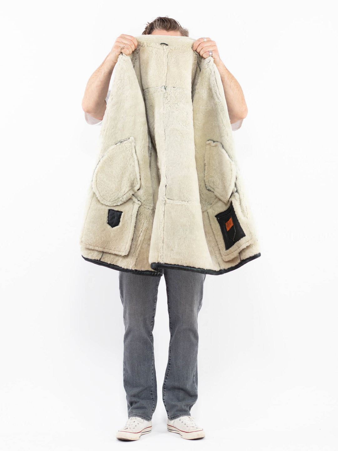 Vintage 80's Men Sheepskin Shearling Coat in GrayZ1925