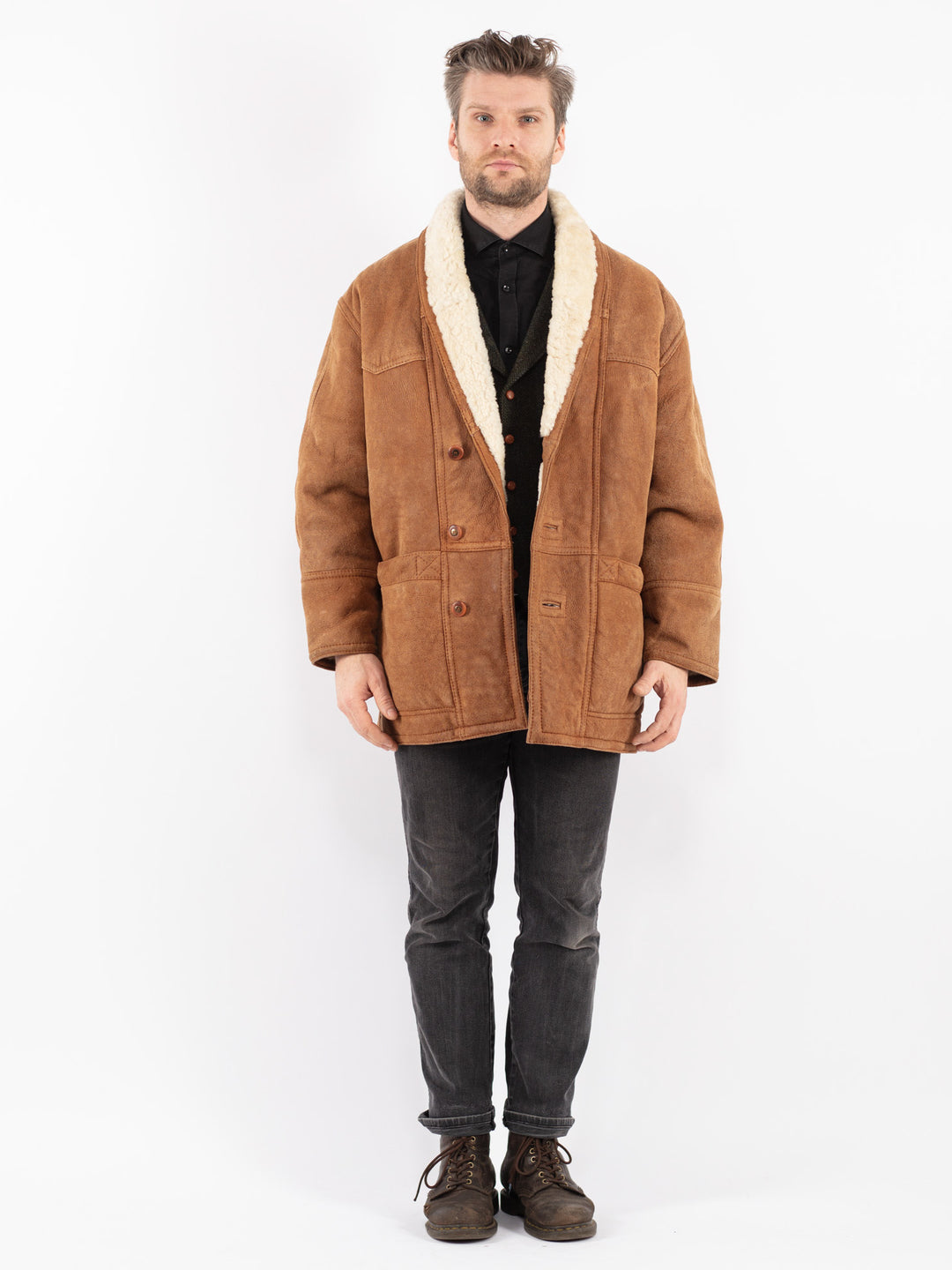 Vintage 80's Men Sheepskin Coat in Brown