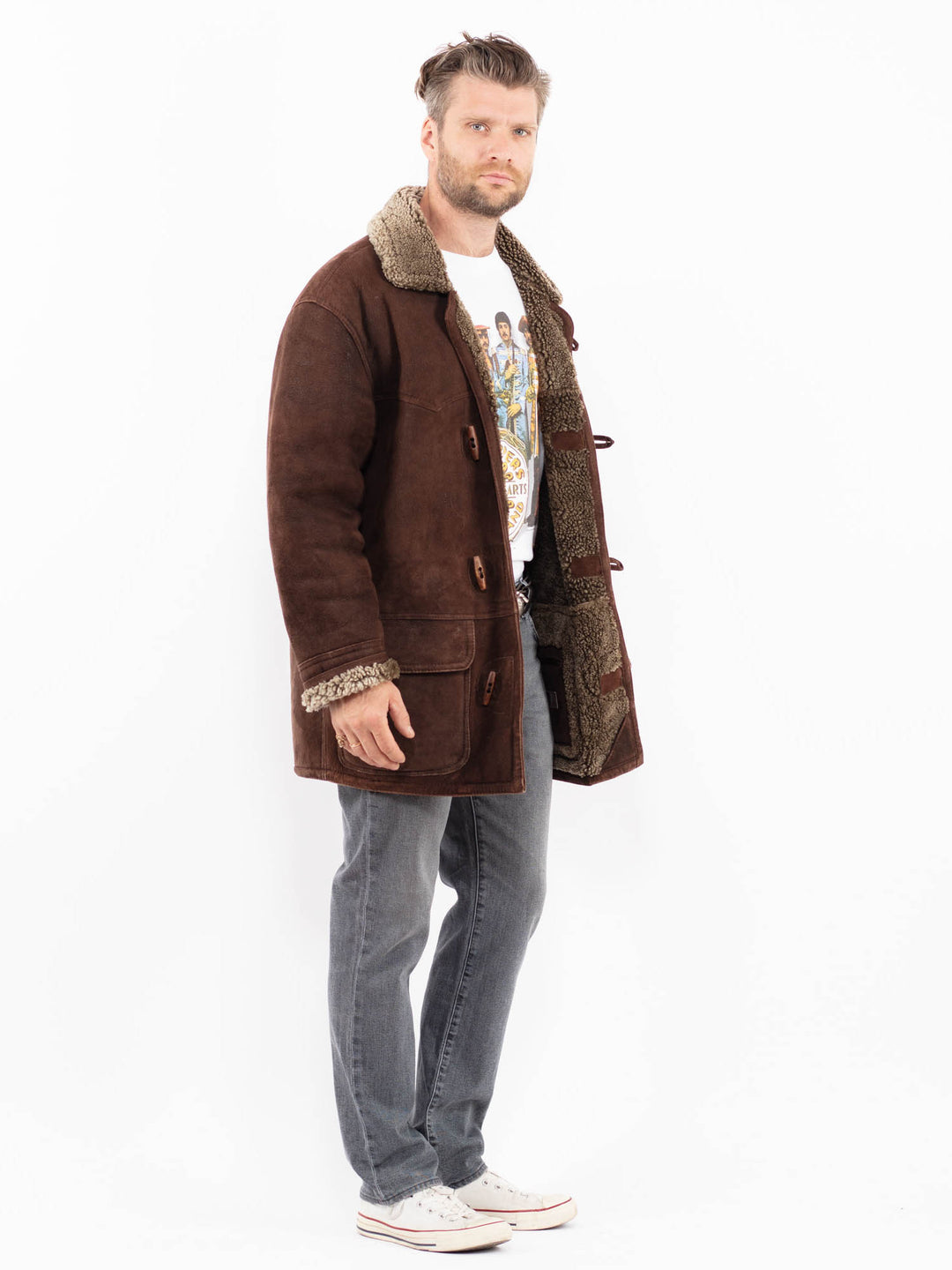 Vintage 80's Men Sheepskin Coat in Brown